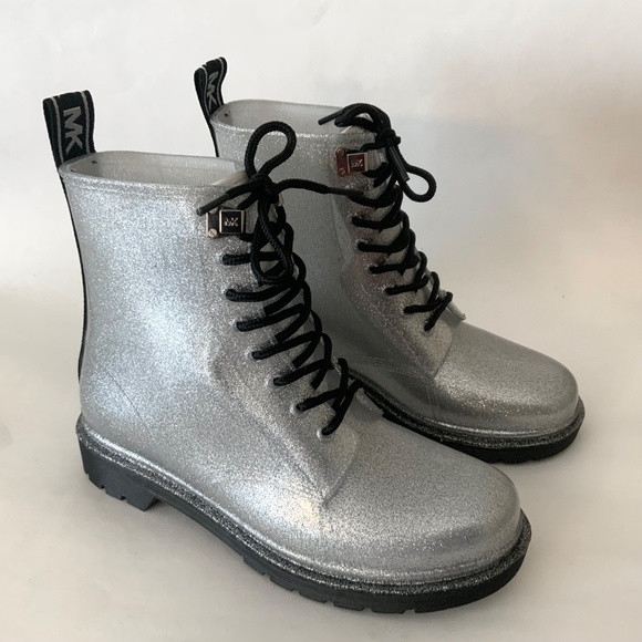 MICHAEL KORS Tavie Silver Logo Tape Lug Sole Lace-Up Rain Bootie Fashion Boots 8 - Picture 8 of 16